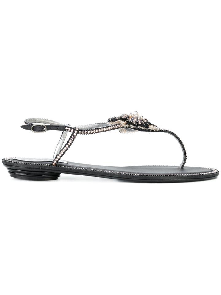 René Caovilla Embellished Thong Sandals - Black