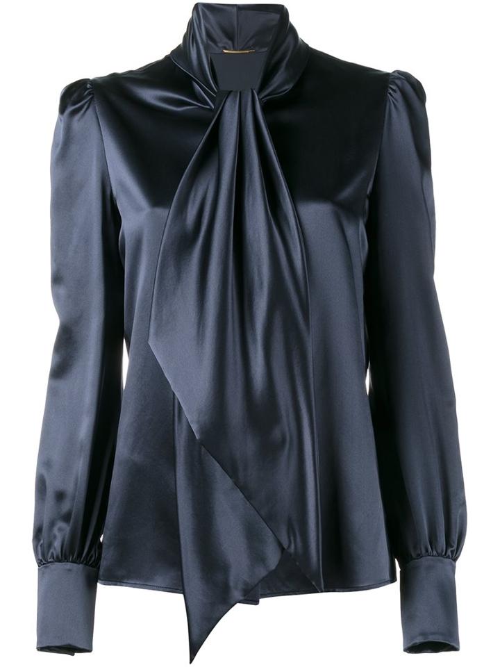 Saint Laurent Neck-tie Blouse, Women's, Size: 44, Blue, Silk