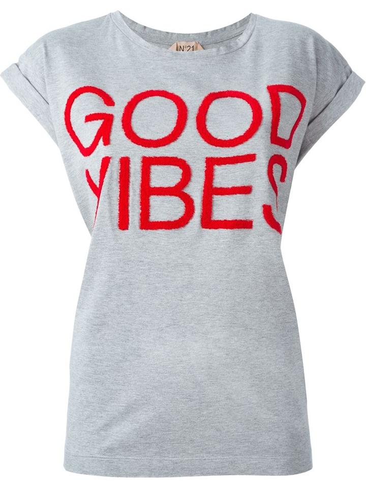 No21 Good Vibes Appliqué T-shirt, Women's, Size: 40, Grey, Cotton