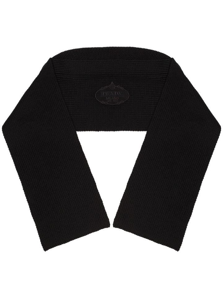 Prada Black Logo Embroidered Virgin Wool Scarf