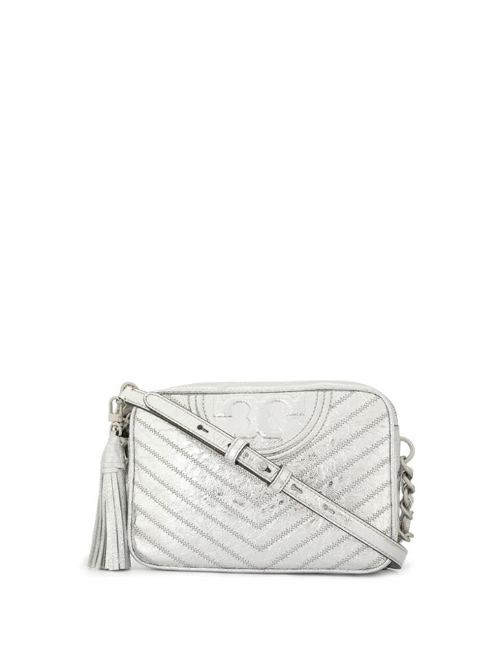 Tory Burch Fleming Distressed Chevron Metallic Camera Bag - Silver