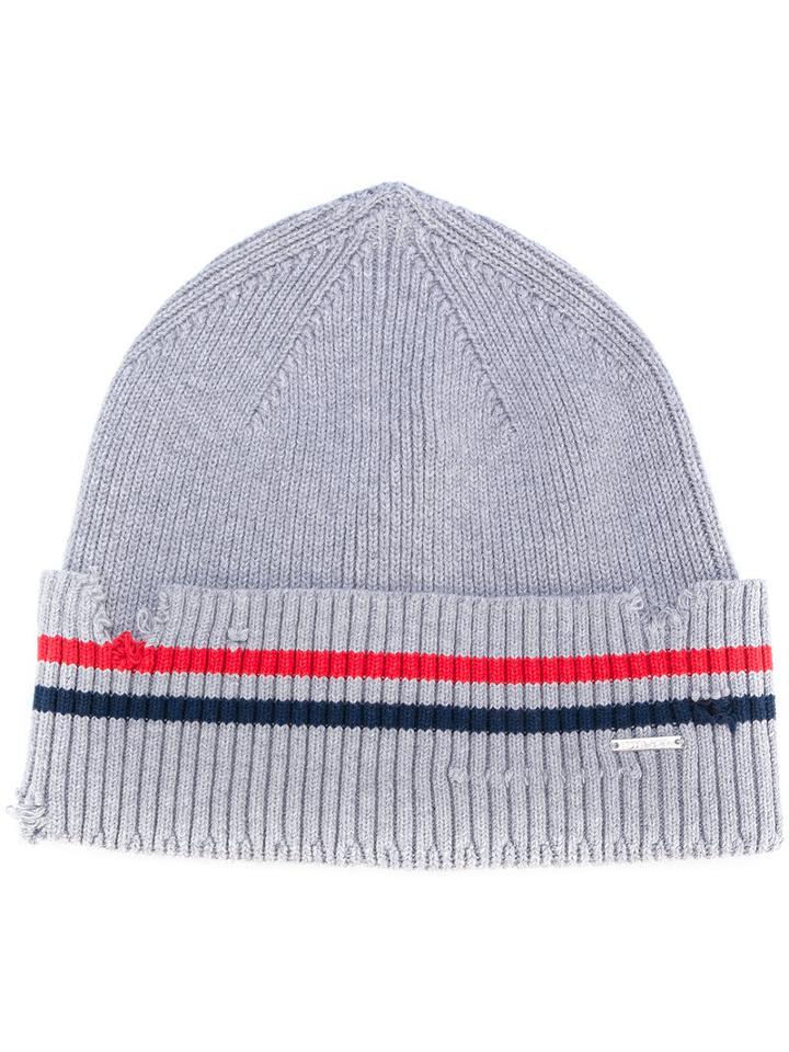 Diesel - Distressed Striped Beanie - Men - Cotton - One Size, Grey, Cotton