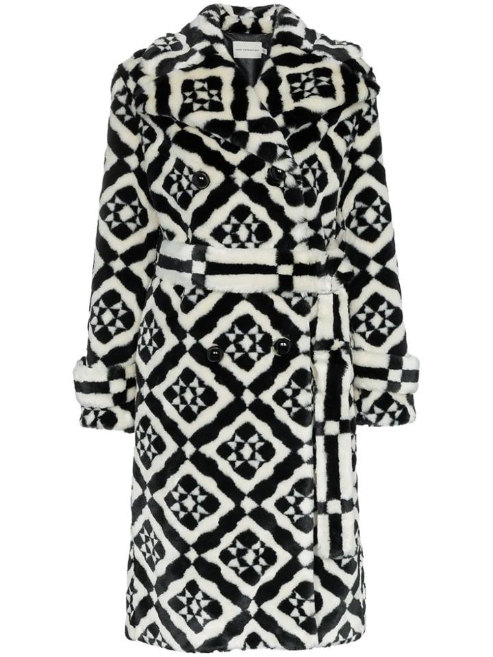 Mary Katrantzou Stokes Faux Fur Tile Print Coat - Black