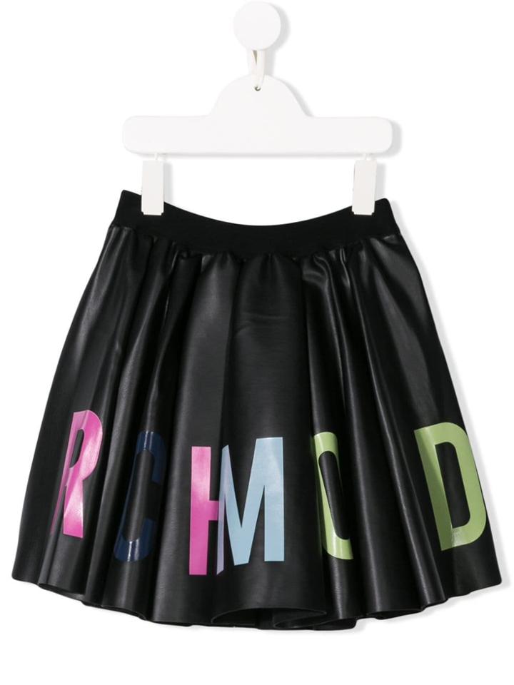 John Richmond Junior Logo Print Faux Leather Circle Skirt - Black