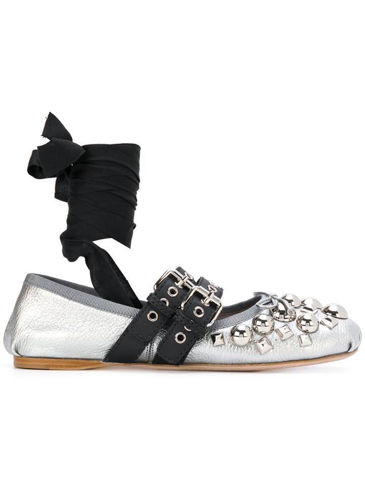 Miu Miu Embellished Ballerinas - Metallic
