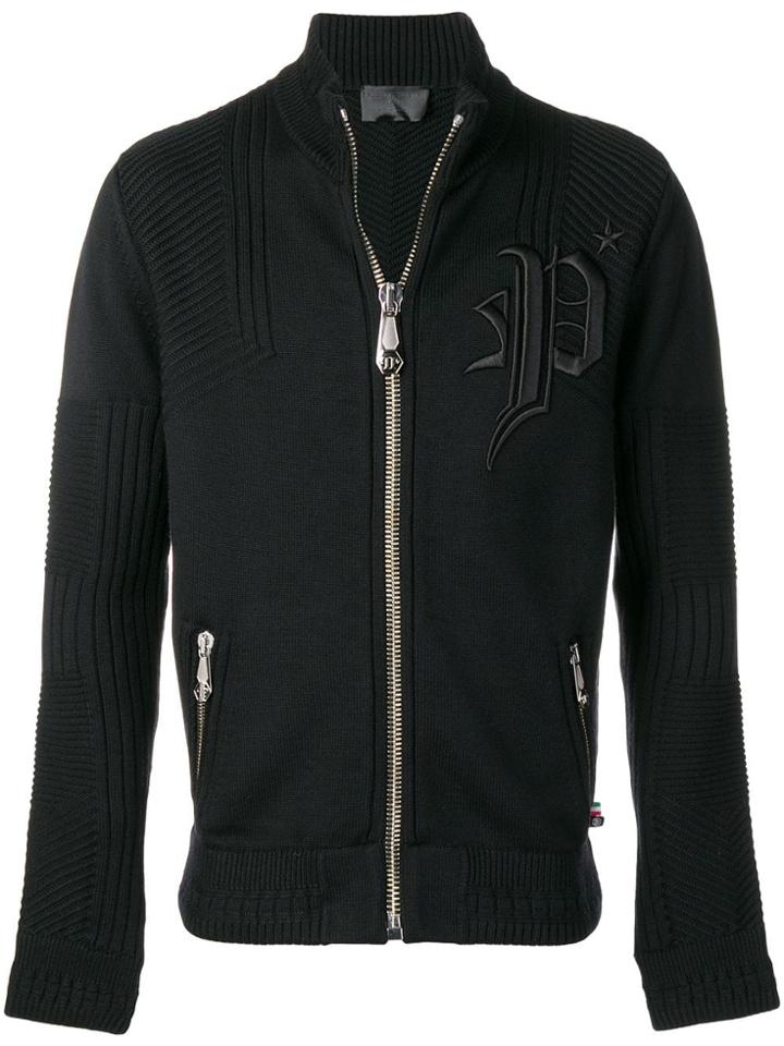 Philipp Plein Logo Embroidered Knitted Track Jacket - Black