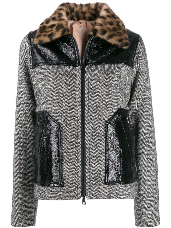 Nº21 Leopard Print Collar Tweed Jacket - Grey