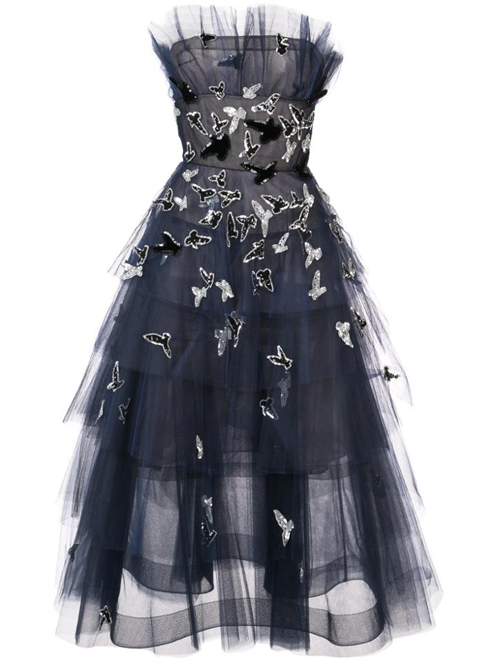 Oscar De La Renta Strapless Embroidered Tiered Dress - Blue