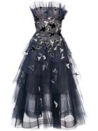 Oscar De La Renta Strapless Embroidered Tiered Dress - Blue