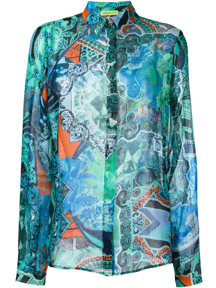 Versace Jeans Sheer Patterned Shirt, Women's, Size: 44, Green, Silk/polyamide