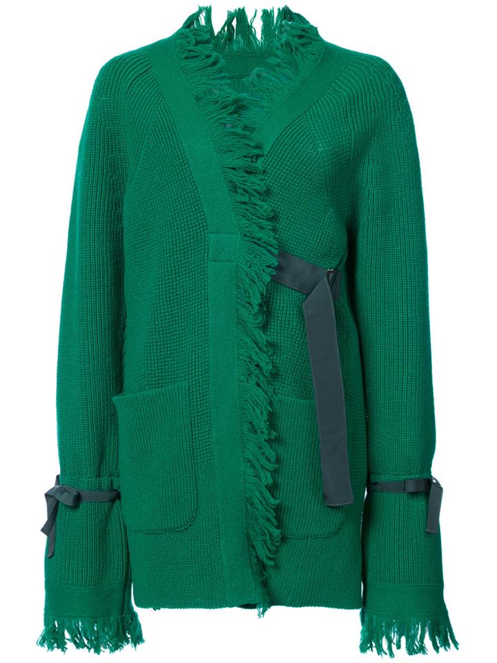 Sacai Fringed Asymmetric Cardigan - Green