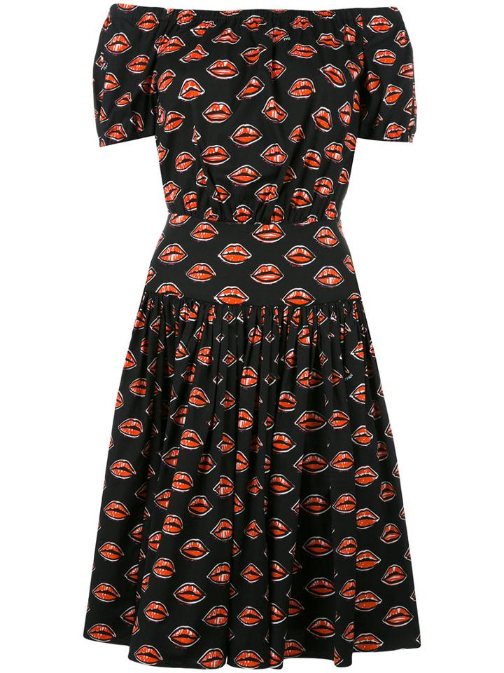 Prada Lip Print Dress, Women's, Size: 40, Black, Cotton/spandex/elastane