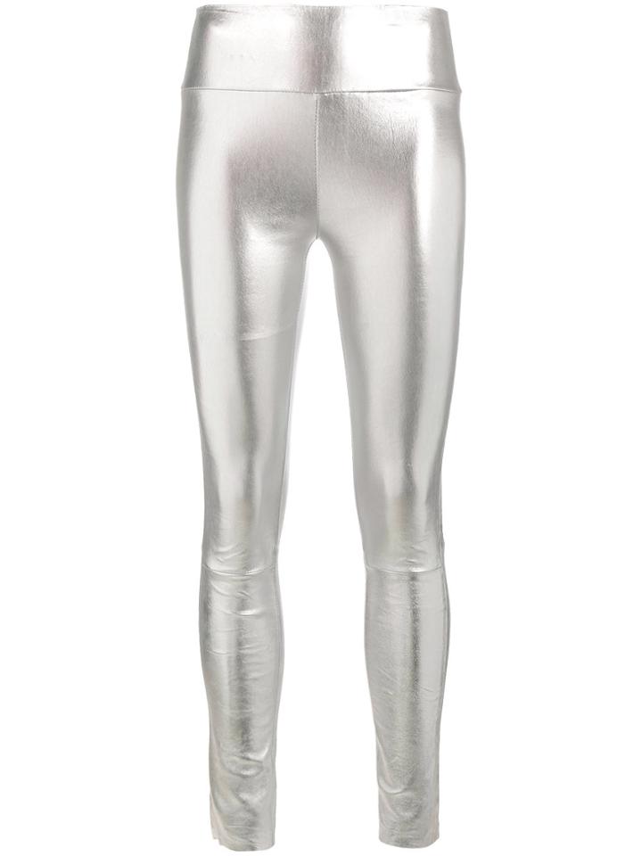 Sprwmn Silver Leather High Waisted Leggings - Metallic
