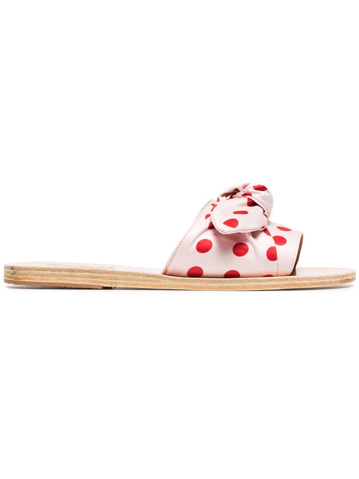 Ancient Greek Sandals Pink And Red Taygete Polka Dot Satin Bow Slides