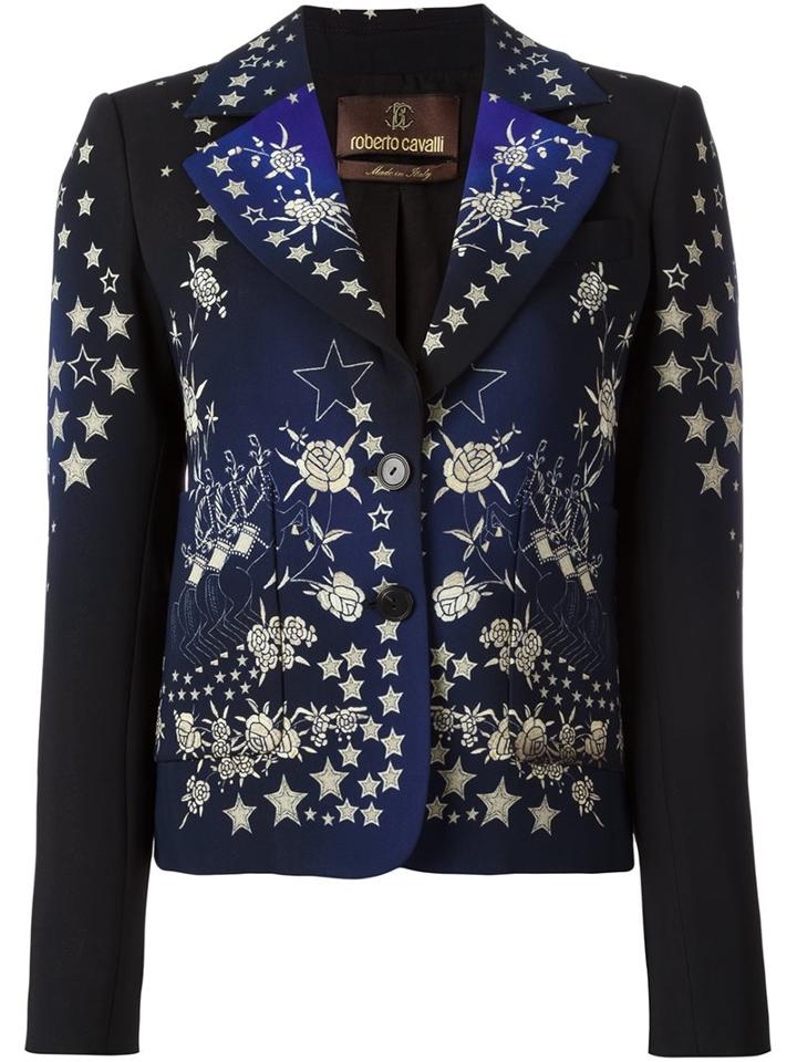 Roberto Cavalli Star Print Fitted Jacket, Women's, Size: 42, Blue, Spandex/elastane/viscose