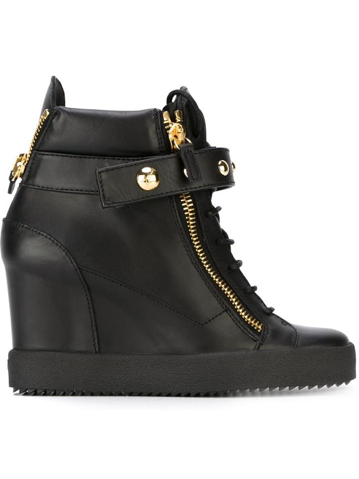 Giuseppe Zanotti Design Wedge Hi-top Sneakers, Women's, Size: 39, Black, Leather/rubber