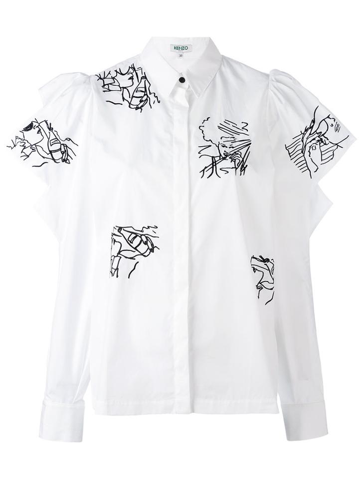 Kenzo - Embroidery Ruffle Sleeve Blouse - Women - Cotton - 36, White, Cotton