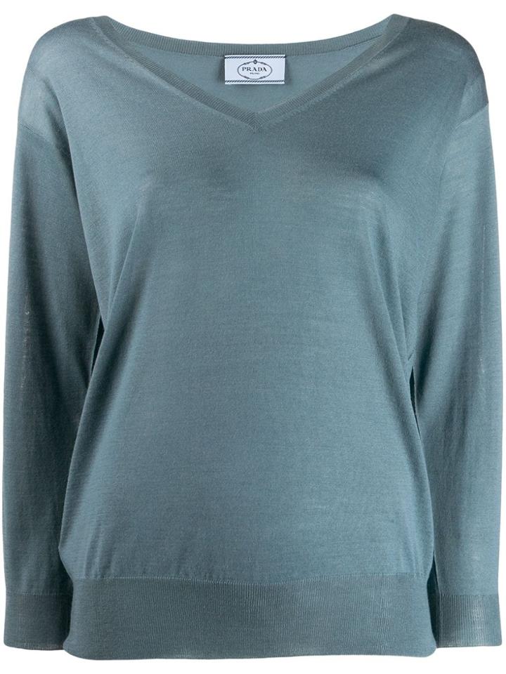 Prada Virgin Wool V-neck Top - Blue