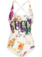 Gucci Logo Floral Print Swimsuit - Neutrals