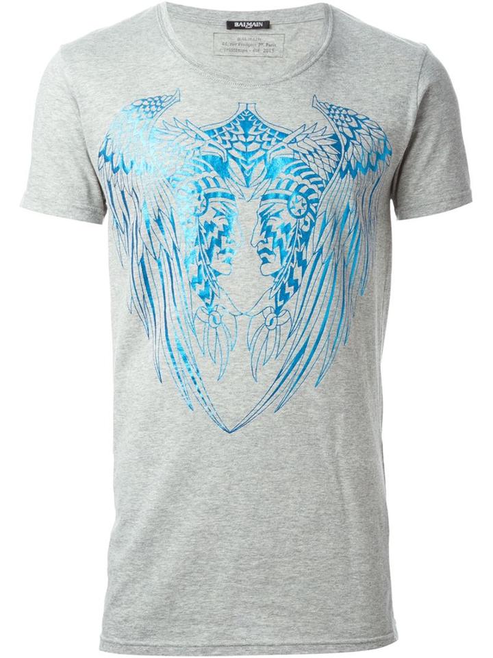 Balmain Native American Print Slim Fit T-shirt, Men's, Size: Large, Grey, Cotton