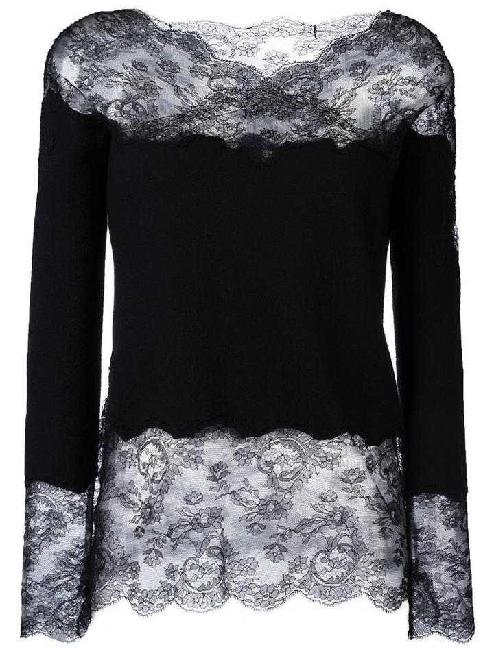 Ermanno Scervino Scalloped Lace Insert Top, Women's, Size: 48, Black, Silk/cashmere/wool/viscose
