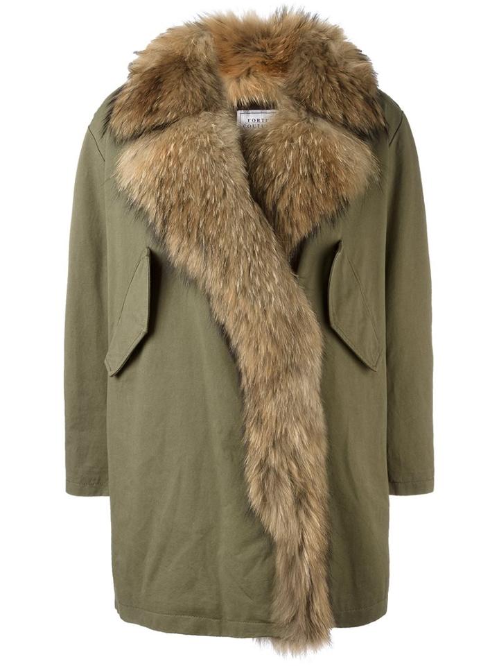 Forte Couture Long Trim Detail Coat, Women's, Size: 40, Green, Racoon Fur/cotton/polyester
