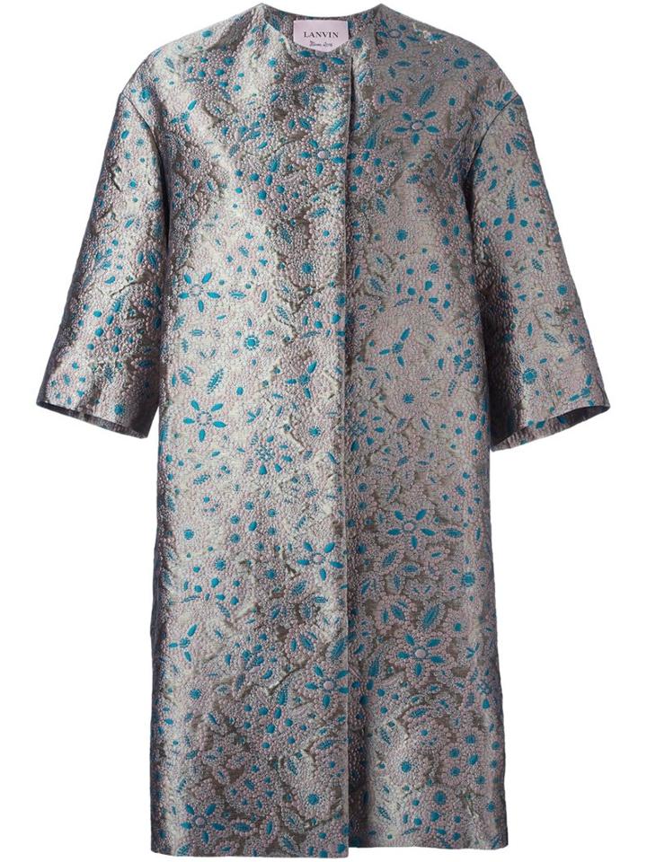 Lanvin Embroidered Floral Coat, Women's, Size: 38, Green, Silk/cotton/acrylic/wool