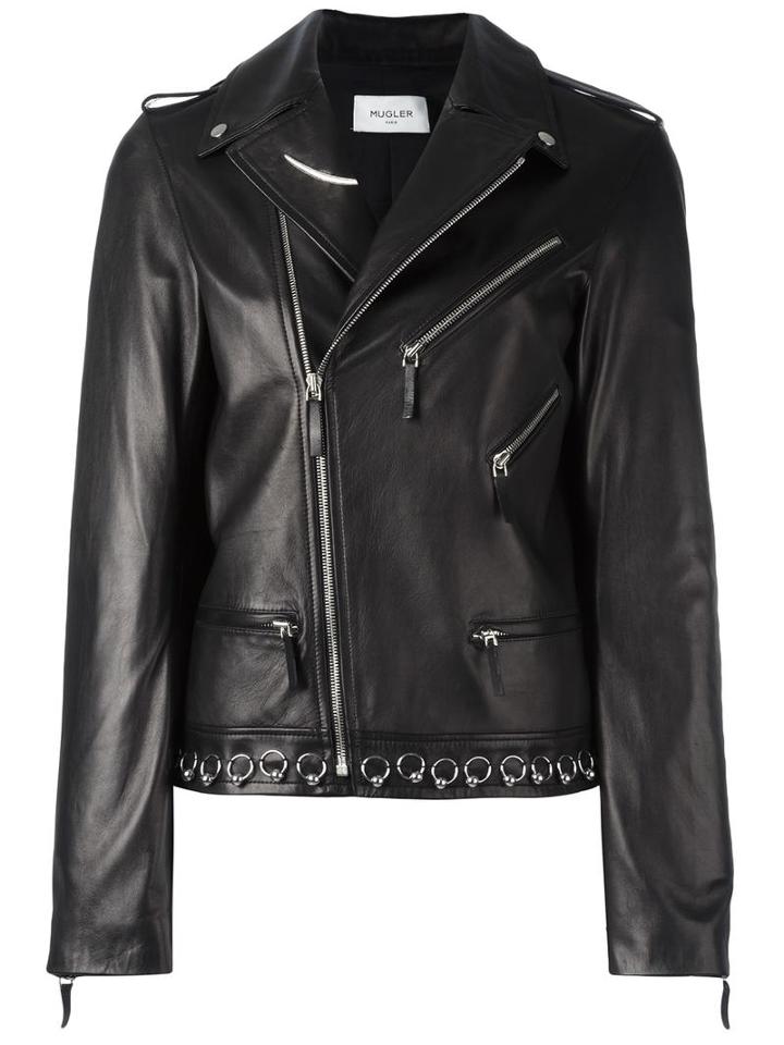 Mugler Piercing Detail Biker Jacket, Women's, Size: 38, Black, Lamb Skin/polyester/viscose