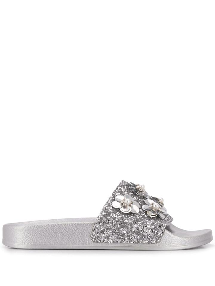 Blumarine Flower Appliqué Slides - Silver