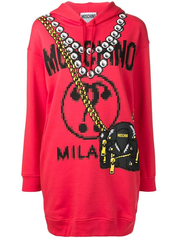 Moschino Printed Logo Longline Hoodie - Red