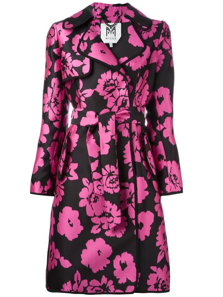 Milly Floral Print Trench Coat - Black