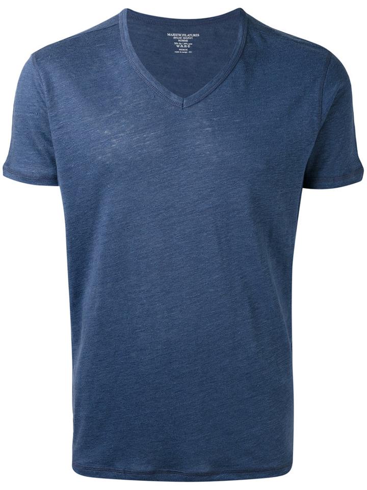 Majestic Filatures - V-neck T-shirt - Men - Silk/linen/flax - L, Blue, Silk/linen/flax