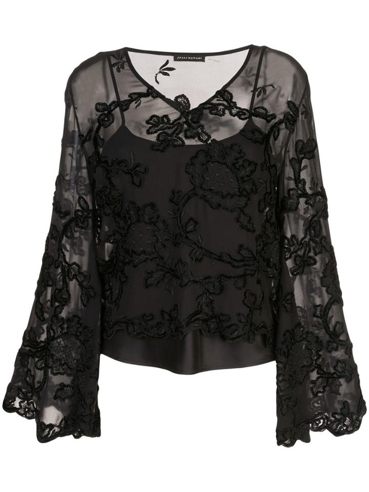 Josie Natori Embroidered Sheer Blouse - Black