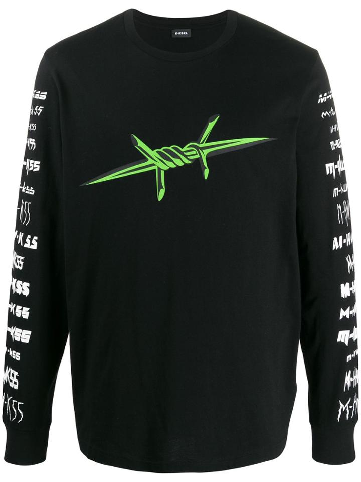 Diesel Logo Sweatshirt With Barbed Wire Print - Black