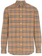 Burberry Check Print Button Down Cotton Blend Shirt - Brown