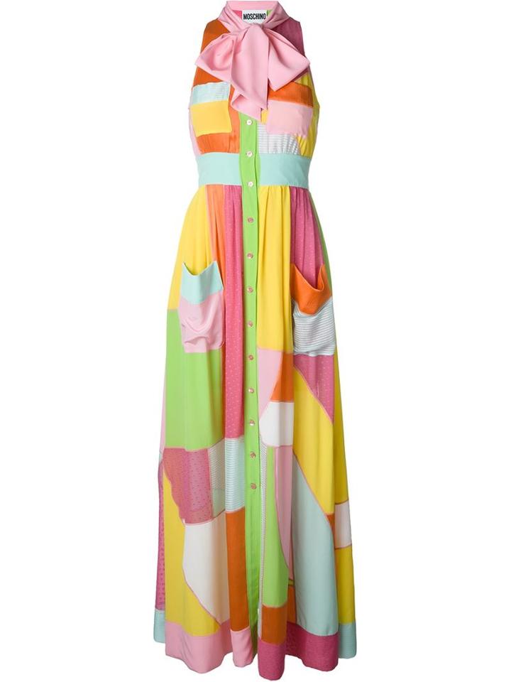 Moschino Colour Block Pussy Bow Gown, Women's, Size: 42, Yellow/orange, Silk/acetate
