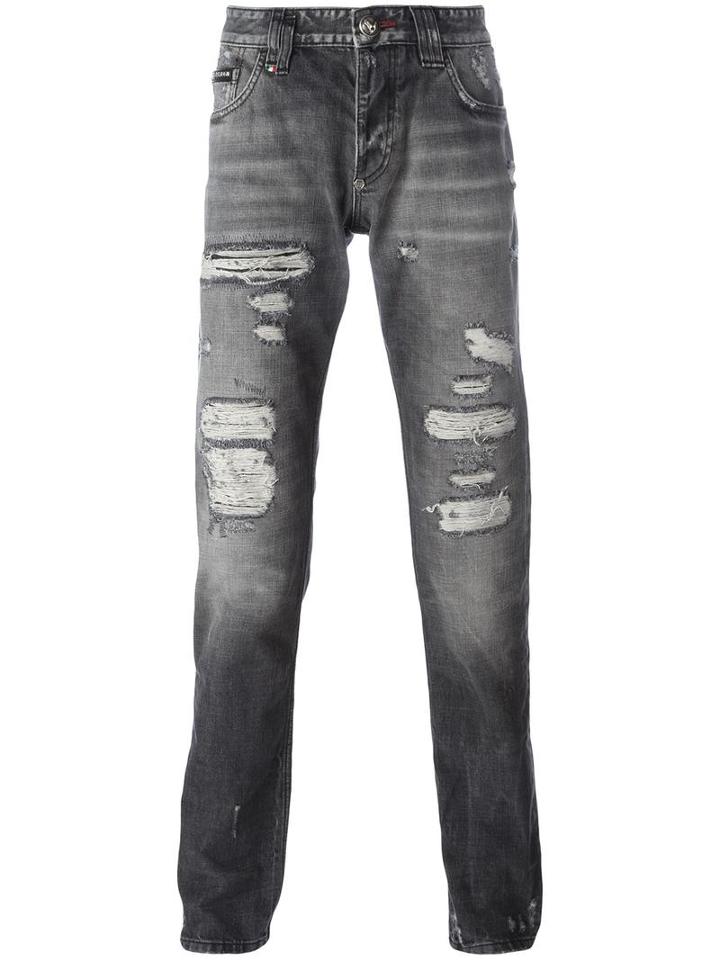 Philipp Plein Distressed Straight-leg Jeans, Men's, Size: 30, Grey, Cotton/polyester