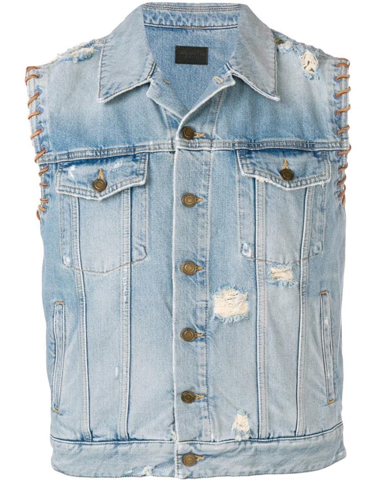 Saint Laurent Leather Stitched Denim Jacket - Blue