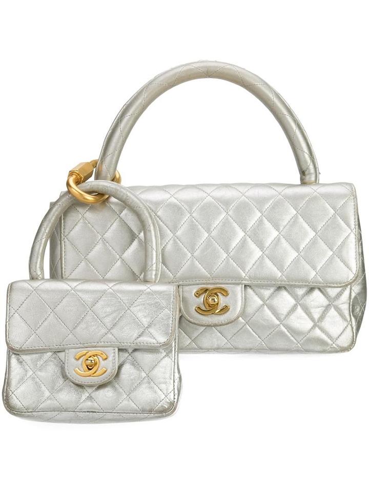 Chanel Vintage Quilted Double Bag, Women's, Grey