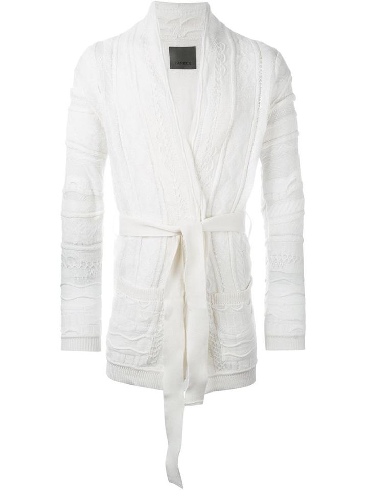 Laneus Cable Knit Robe Style Tie Up Cardigan, Men's, Size: 50, White, Cotton/acrylic/viscose