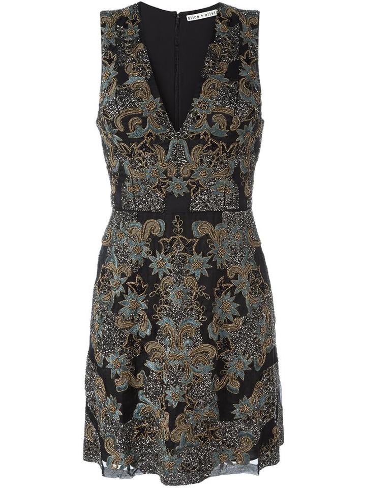 Alice+olivia V-neck Printed Dress, Women's, Size: 4, Black, Silk/polyester/spandex/elastane