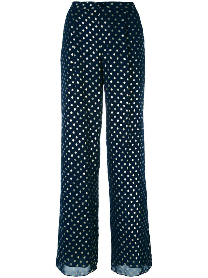 Emporio Armani Dots Print Flared Trousers, Women's, Size: 46, Blue, Polyester/cotton/viscose