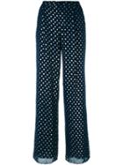 Emporio Armani Dots Print Flared Trousers, Women's, Size: 46, Blue, Polyester/cotton/viscose