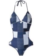 Amir Slama Panelled Swimsuit, Women's, Size: Medium, Blue, Elastodiene