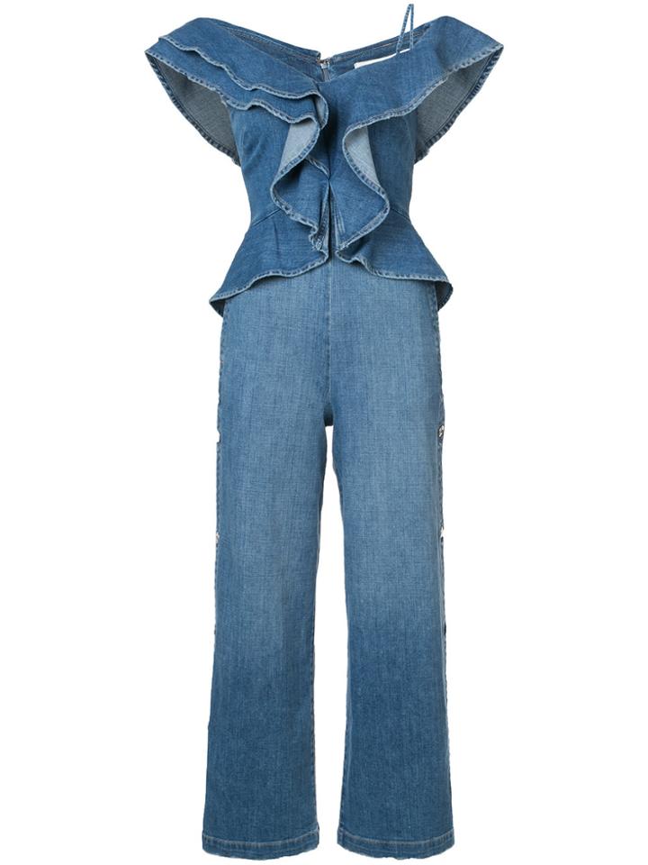 Jonathan Simkhai Denim Ruffle Top Wide Leg Jumpsuit - Blue