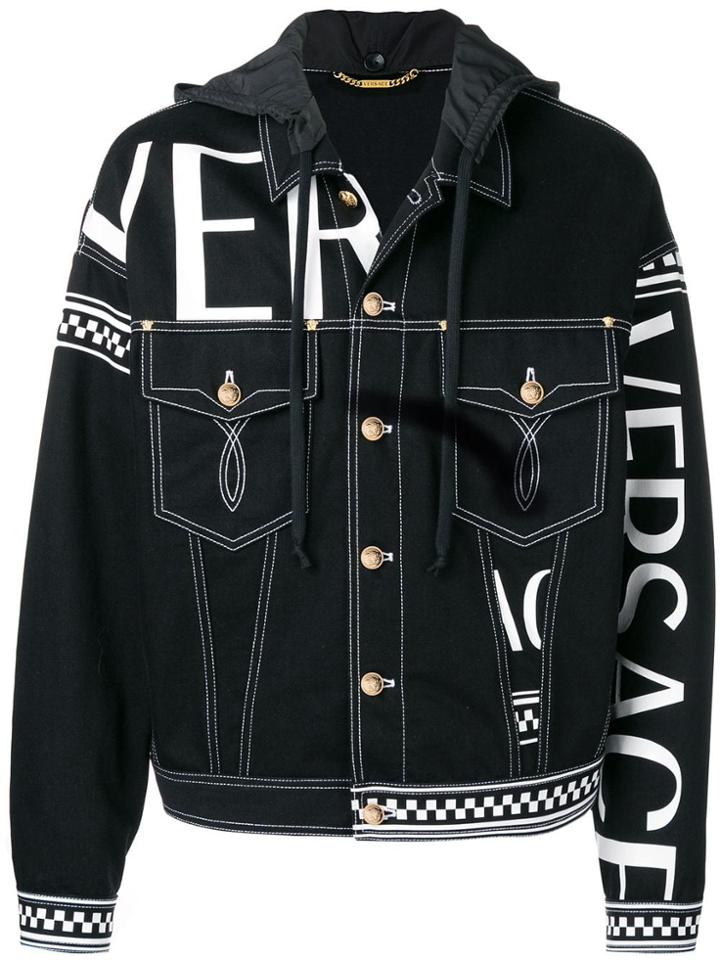 Versace Hooded Logo Print Jacket - Black
