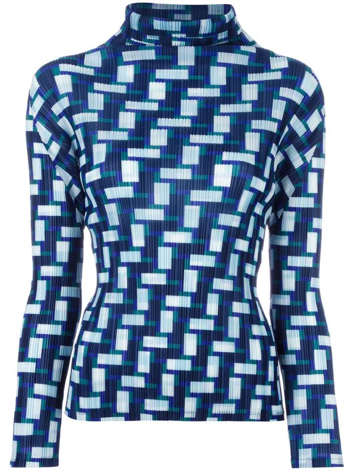 Pleats Please By Issey Miyake Geomtric Print Pleated Blouse, Women's, Size: 3, Blue, Polyester