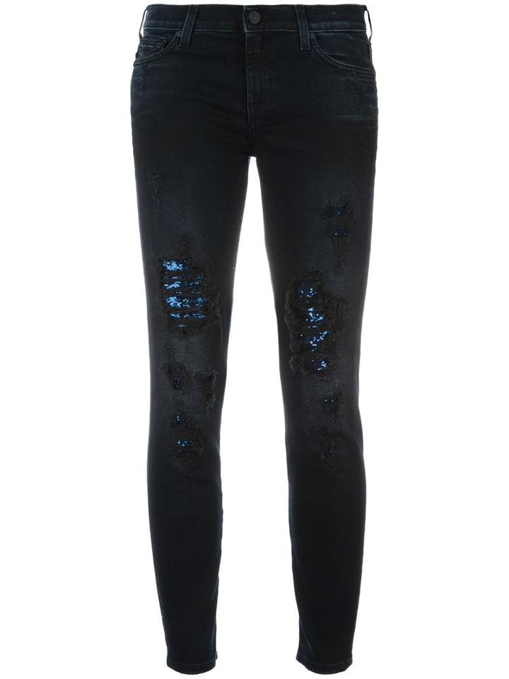 7 For All Mankind Sequined Skinny Jeans, Women's, Size: 29, Blue, Cotton/spandex/elastane