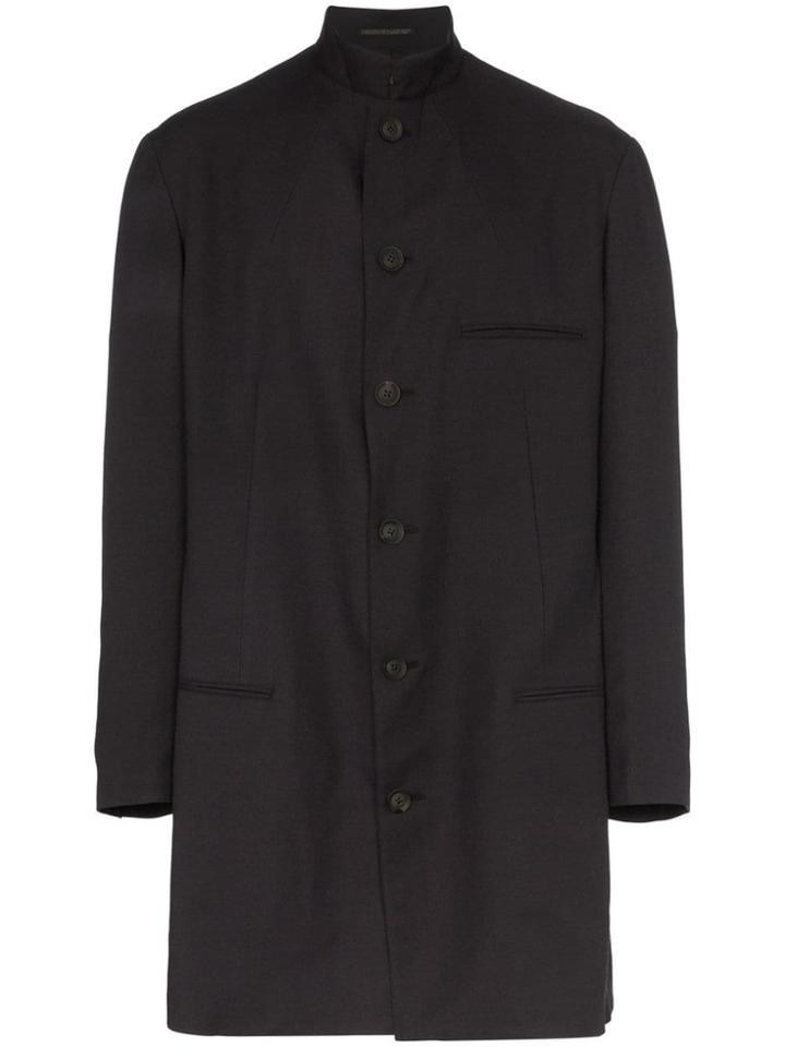 Yohji Yamamoto Japanese Print Single Breasted Cotton Overcoat - Black