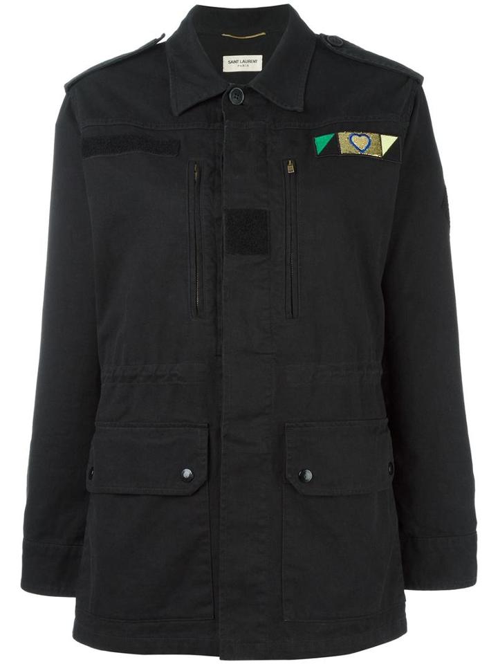 Saint Laurent Love Patch Military Jacket, Women's, Size: 38, Black, Cotton/ramie